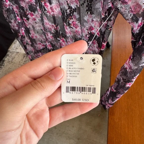 Free People Black and Pink Floral Mesh Top - Picture 2 of 3